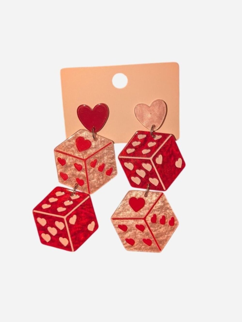 Red dice earrings with white hearts brand new, never worn handmade